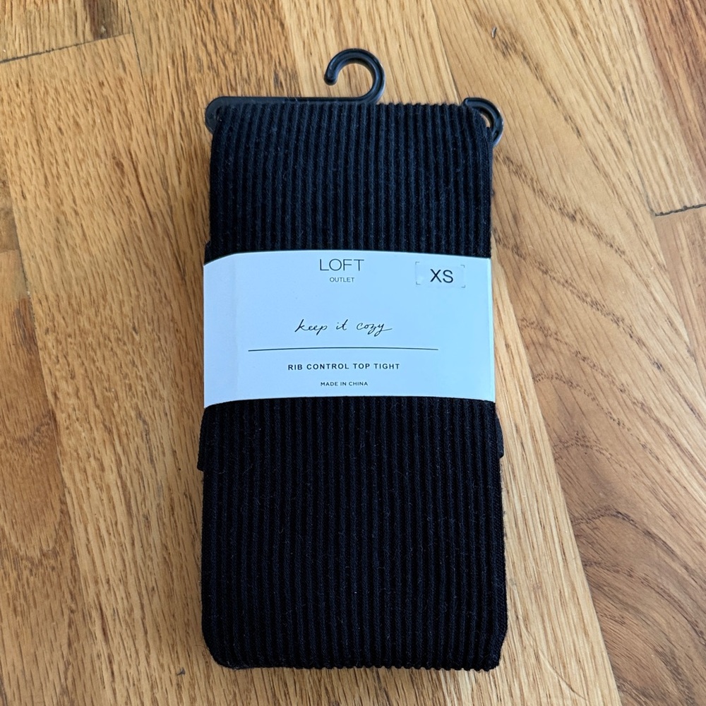 LOFT Black Ribbed Control Top Tights Black Tights, Size XS